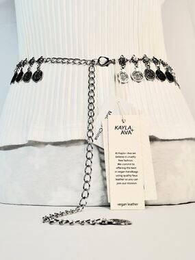 💎Kayla + Ava Silver Tone Coin Fringe Chain Belt One Size Adjustable Extender